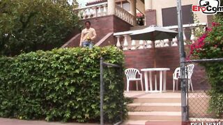Dark Haired and blonde tennis eighteen doing 3 way ffm public