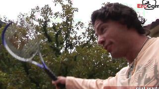 Dark Haired and blonde tennis eighteen doing 3 way ffm public