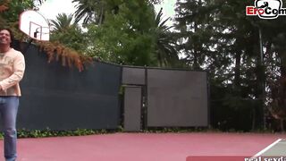 Dark Haired and blonde tennis eighteen doing 3 way ffm public