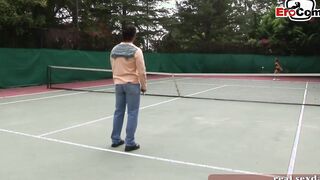 Dark Haired and blonde tennis eighteen doing 3 way ffm public