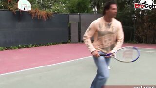 Dark Haired and blonde tennis eighteen doing 3 way ffm public