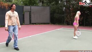 Dark Haired and blonde tennis eighteen doing 3 way ffm public