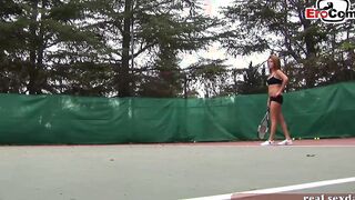 Dark Haired and blonde tennis eighteen doing 3 way ffm public