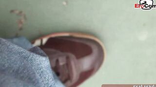 Dark Haired and blonde tennis eighteen doing 3 way ffm public