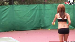 Dark Haired and blonde tennis eighteen doing 3 way ffm public