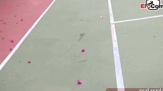 Dark Haired and blonde tennis eighteen doing 3 way ffm public