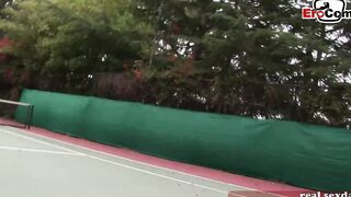 Dark Haired and blonde tennis eighteen doing 3 way ffm public