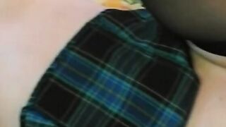 Adorable dark hair with a mini skirt loves sucking off rough stud's dick