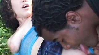 Adorable dark hair hoe takes it inside the butt by a african into the park