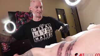 Big Boobed dark hair Misha Montana gets a new leg tattoo
