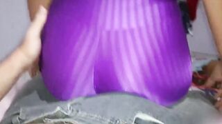 Lap dance cum into jeans, cumming inside his jeans leggings for her boucing huge booty into