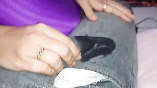 Lap dance cum into jeans, cumming inside his jeans leggings for her boucing huge booty into