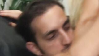 Blonde filled with huge dick on ebony sofa