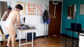 Nudist secretary. Nude employee inside the office. Naked bitch is not shy about her boss. Naked