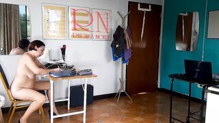 Nudist secretary. Nude employee inside the office. Naked bitch is not shy about her boss. Naked