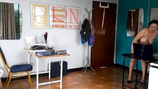 Nudist secretary. Nude employee inside the office. Naked bitch is not shy about her boss. Naked