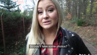 Outdoors Agent Stunning Big Tit Blonde takes her clothes off inside the woods before fucking