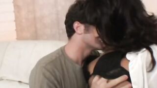 Big Boobed dark haired hungrily blowing a thick cock then getting doggy-style boned