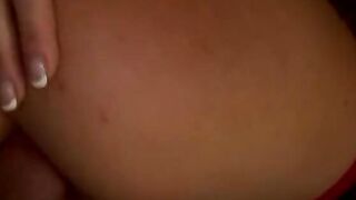 Women inside red stockings is nailed by long penis from behind