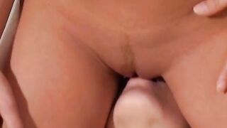 beauty platinum blonde stands over dark haired for dark hair to slide sex toy up her twat