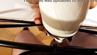 She's bound up on a bed and roughly throat screwed and pussyfucked by a long penis with a nice point of view see