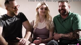 Virgin teenagers blonde Eliza Eves double snatch nailed by 2 mature men