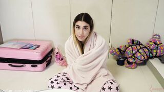 Female chastity sub Lexi Grey gets a morning piss beverage, then is roughly butt nailed with she paints with cum
