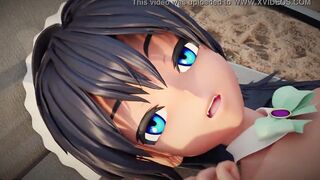 Peachy Beach Pt two, 3D Anime Bikini Maid, Hibiki, gets banged! inside the mouth, between huge titties and tight twat!