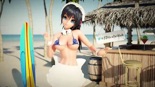 Peachy Beach Pt two, 3D Anime Bikini Maid, Hibiki, gets banged! inside the mouth, between huge titties and tight twat!