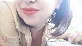 Slutty professor Regina Noir lifts her skirt and shows lingerie on the campus balcony