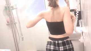 Spying on Step Sister into the Restroom - Cum on Titties After Oral Sex
