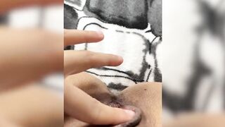 Sensual kitty masturbates with fingered into pink pants and shows her cunt