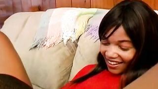 Stunning ebony chick inside red outfit with big legs and beautiful hooters blows and fucks inked