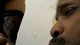 Dominanat old lady Gina Delvaux inside leather outfitmakes african bro to lick her foot before she