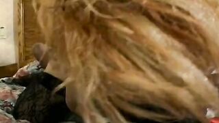 Dominanat old lady Gina Delvaux inside leather outfitmakes african bro to lick her foot before she