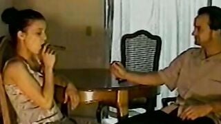 Adorable dark haired 19 year old likes to feel taste of amazing cigar before puttting some slobber on the