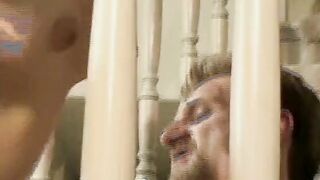 Cougar looks at lovers fucking on the stairs of the house and fucks their vibrator. classic