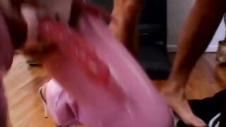 Bursting with incredible sexy health blonde beauty into pink outfit cut off the bro at the knees