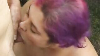 Long Beauty with purple hair give super sexy cumloaded FELLATIO to long rough male meat