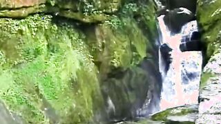 Super Sexy young blonde with long booty takes young stud's huge dick by a stream