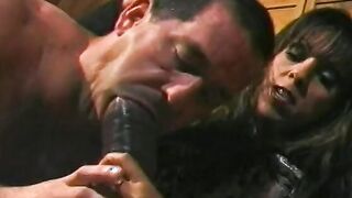 Big Titted dark haired girlfriend allows bro to lick her high-heeled shoes before letting him taste joy of