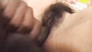 Young women with the unshaved cunt plays with a enormous vibrator and gets caught by her