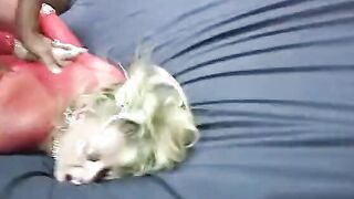 Long rough penis fills the mouth and vagina of a Hottie white bimbos into a mesh