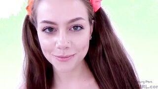 Goddess 19 beauty blows huge penis while fucking into studio