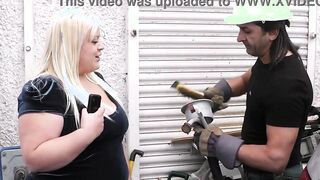 Chubby blonde blows and riding stranger's dick