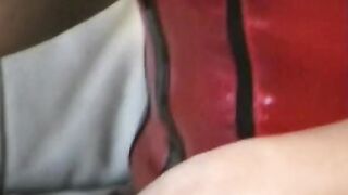 Dark Hair cunt with mouth red rubber outfit strokes her muff before fucking stud into his shitter with different