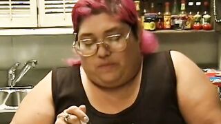 Nasty lard-bucket with pink hair SinDee Williams put a halter upon handsome guy on her worktop