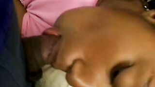 An african Bae with luscious boobies and butt blows a dude into stockings off