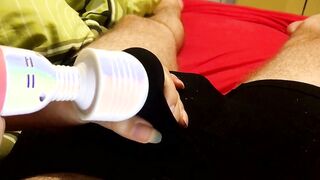 He came inside his panties with my magic wand, twitching oprgasm cum leaking down his boxers