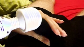 He came inside his panties with my magic wand, twitching oprgasm cum leaking down his boxers